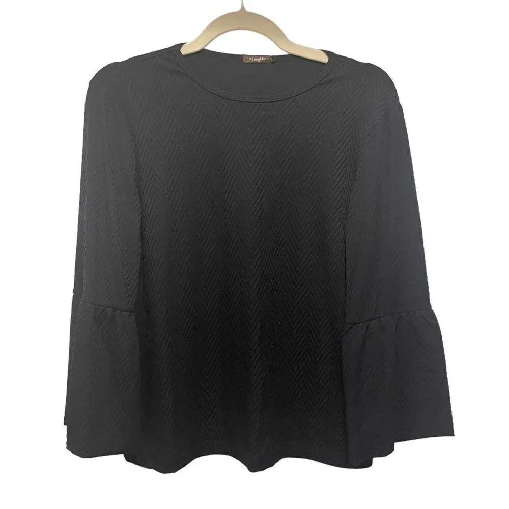 J. McLaughlin Black Herringbone Stretch Bell Catalina Cloth Blouse Women’s Small
